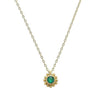 18k yellow gold necklace featuring a vibrant emerald gemstone in a delicate sunflower design.