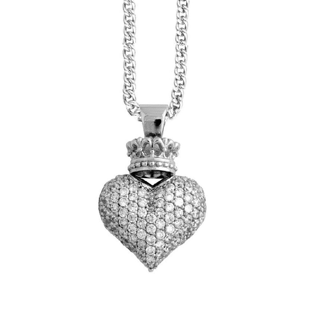 Silver 3D Pave CZ Crowned Heart Pendant necklace: sparkling cubic zirconia heart charm with crown.
