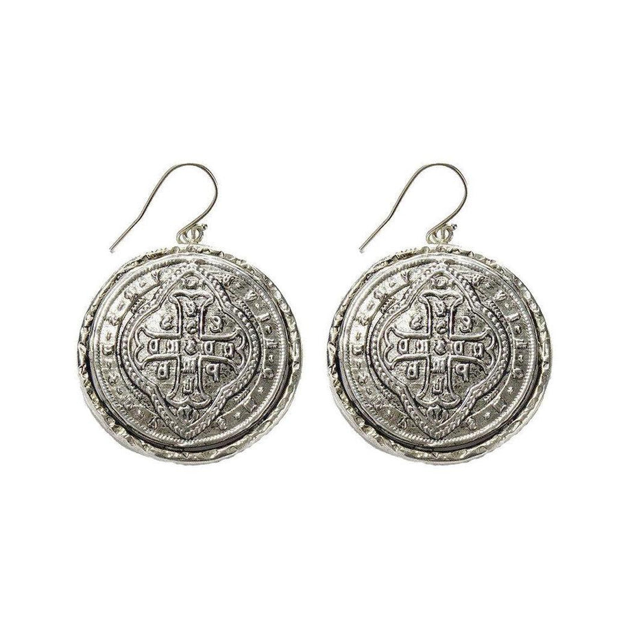 Alcazar silver coin hook earrings with ornate detailing.
