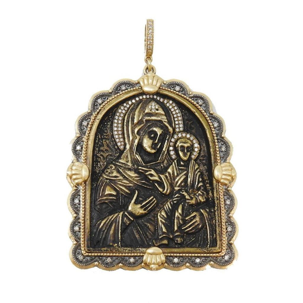 Arched Madonna Medal with Diamond Halo: Gold & bronze pendant featuring Madonna and Child, adorned with shimmering diamonds.