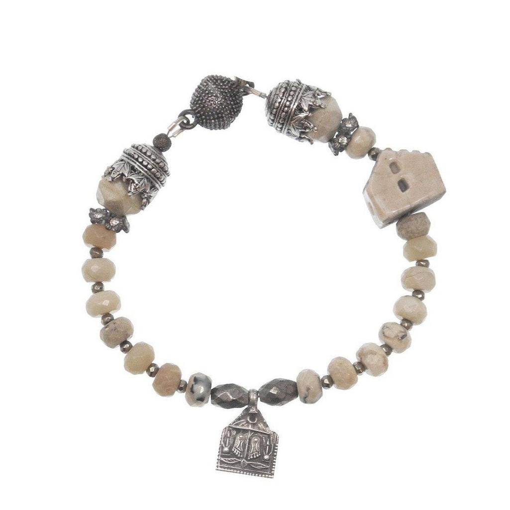 Artisan Cottage & Buddha Feet Charm Bracelet: Beige stone beads, silver accents, cottage & Buddha charms.