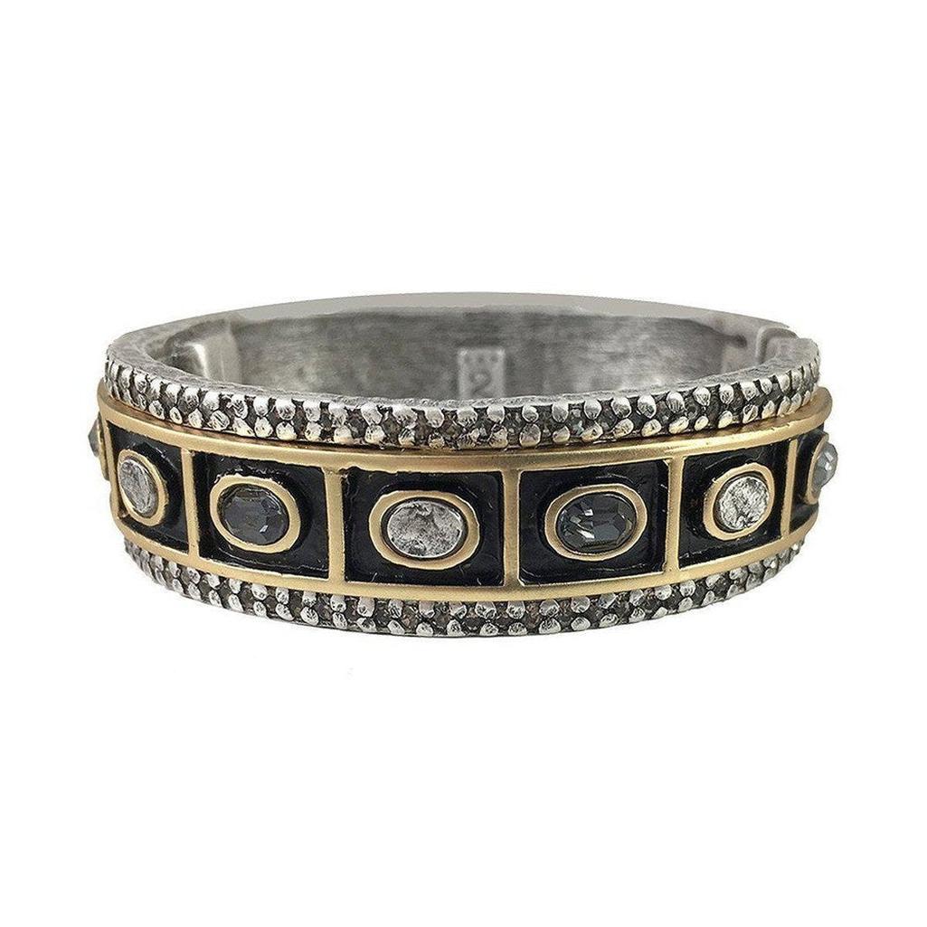 Ashta Thick Oval Hinged Bangle Bracelet: Silver and gold hinged bangle with black enamel and clear & smoky quartz stones.