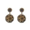 Beaded drop post earrings with black and gold accents.