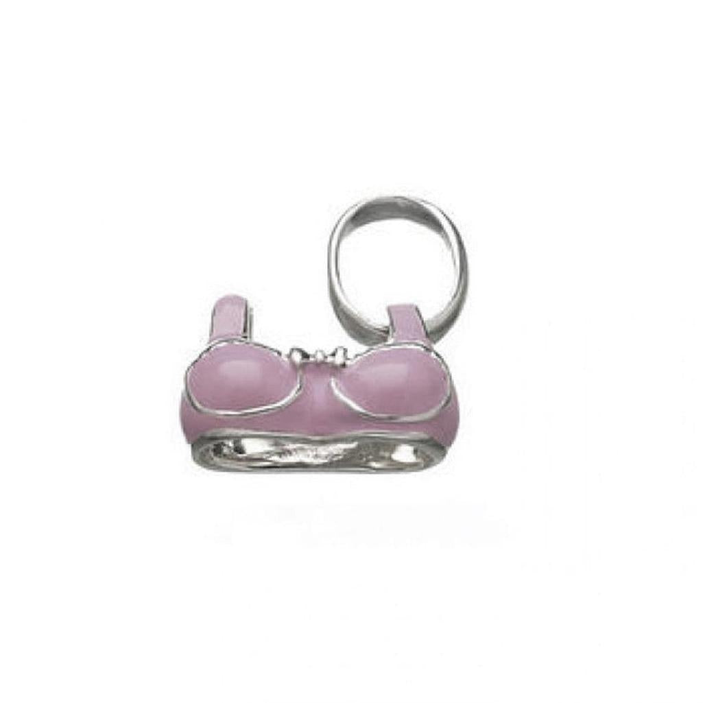 Silver charm featuring a pink bra; fun and flirty jewelry.