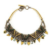 Brass necklace with green & clear rhinestones; geometric design.