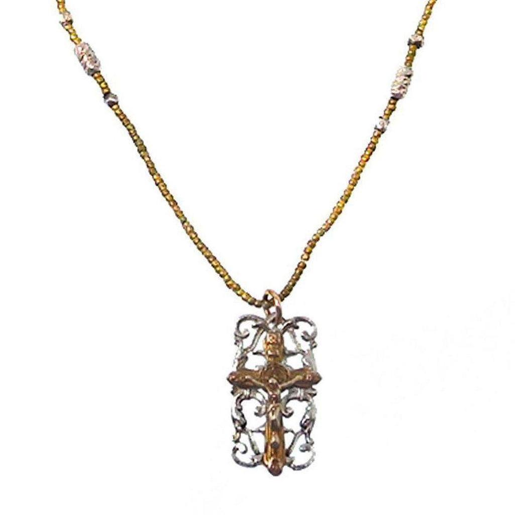 Bronze Cross Necklace with Vintage African Brass accents