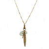 Bronze Feather & Cross necklace with gold chain & aquamarine accents.