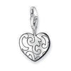 Charm 0605 Medallion etched heart charm; silver, heart-shaped pendant with intricate scroll design.