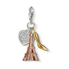 Charm 0936 Eiffel Tower charm with heart, high heel, and rose gold Eiffel Tower detail.