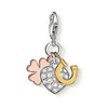 Charm 0944 Lucky Charm: Silver, gold, and rose gold-tone charm featuring a crystal-encrusted heart, horseshoe, and four-leaf clover.