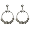 Coronation Circle Post Earrings: Silver hoop earrings adorned with textured floral details and dangling star charms.