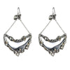 Silver crescent earrings with crystals and gold accents; statement jewelry.