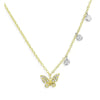 Dainty diamond butterfly necklace with three dangling diamond accents.