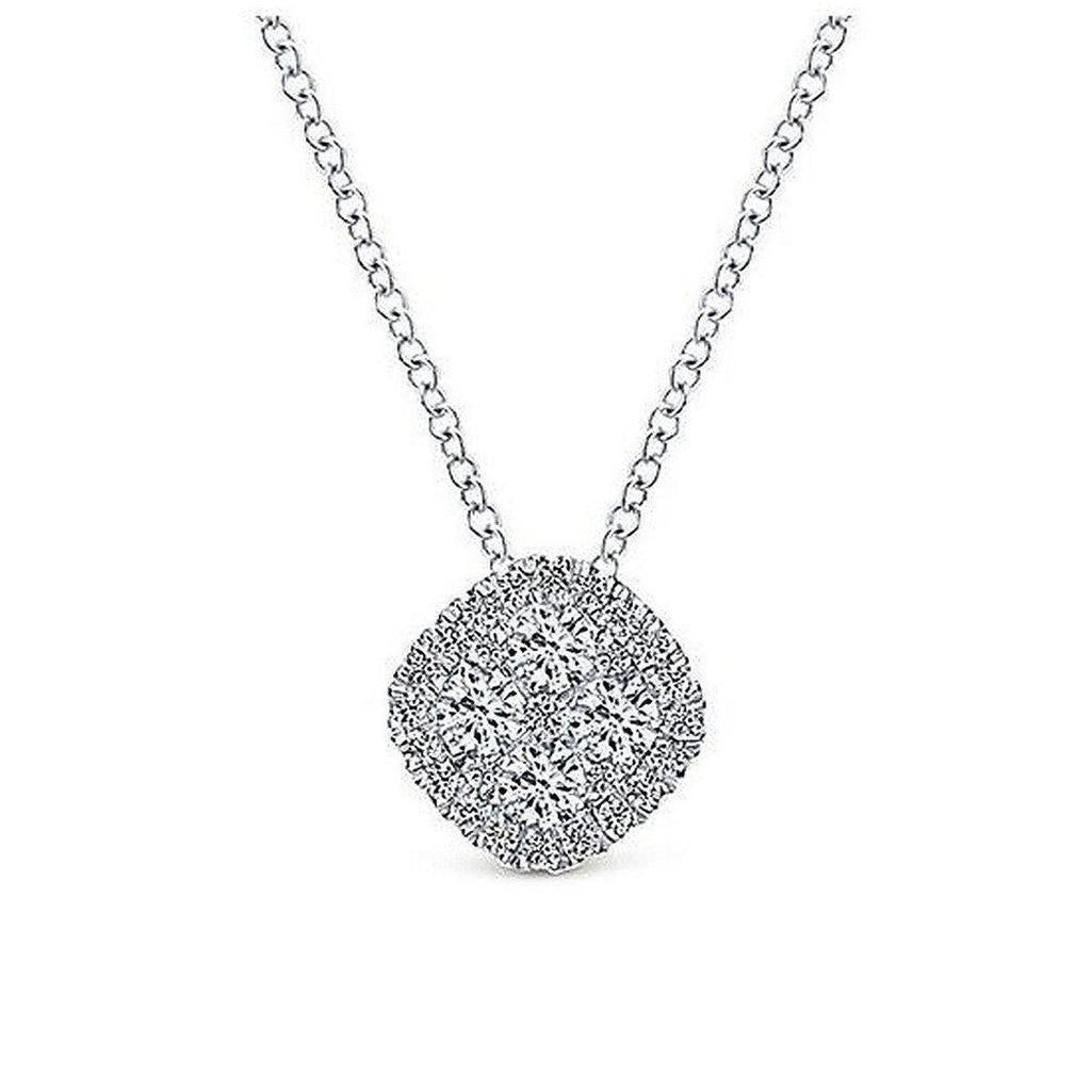 Elegant diamond pendant necklace featuring a cushion-cut cluster of shimmering diamonds.