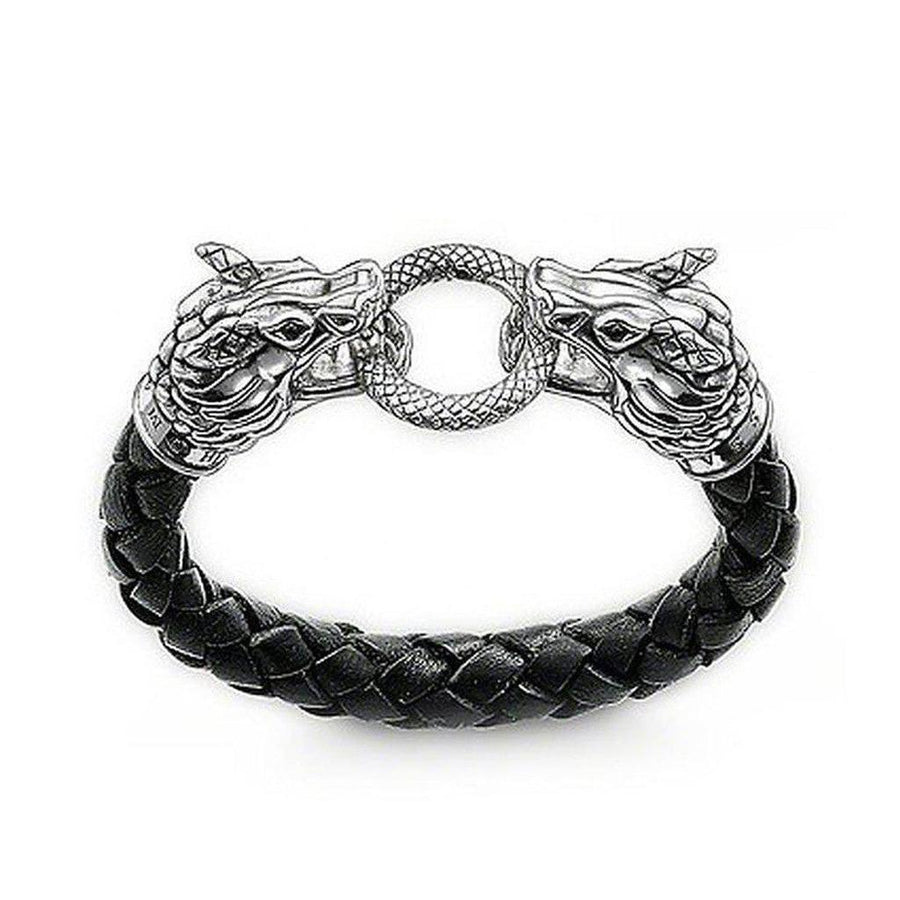 Black leather braided bracelet with silver dragon head clasp.