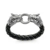 Black leather braided bracelet with silver dragon head clasp.