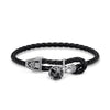 Black leather double wrap bracelet with silver ornate clasp and onyx charm.