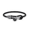 Black leather double wrap bracelet with silver ornate clasp and onyx charm.