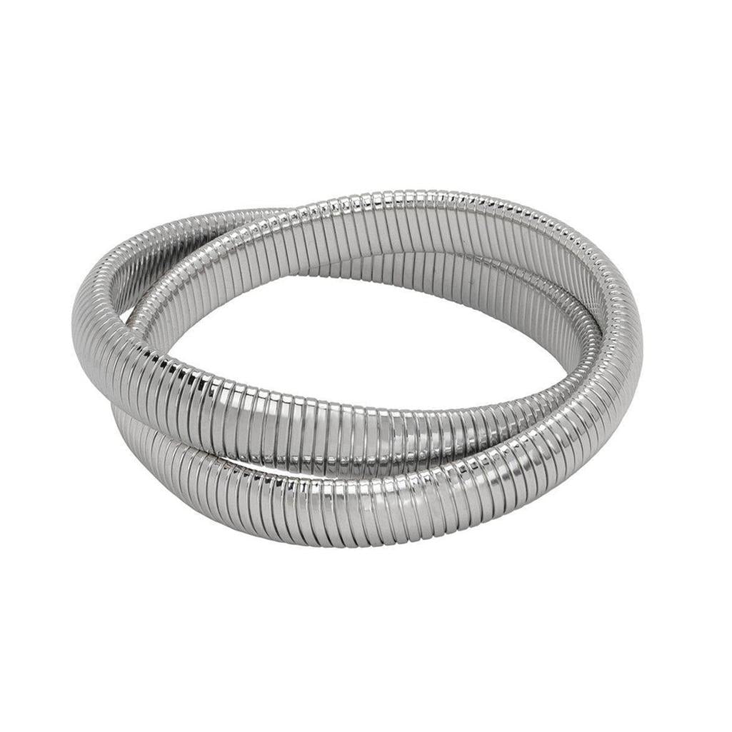 Double Medium Cobra Bracelet in Rhodium: silver, flexible, rhodium-plated, interlocking design.
