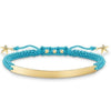 Engravable turquoise braided bracelet with gold bar & starfish charms.