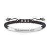 Engravable macrame bracelet with skull accents and customizable silver plate