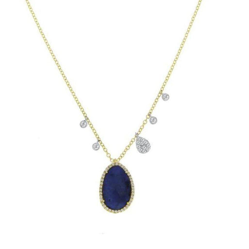 Faceted Blue Sapphire necklace with diamond accents & 14k gold chain.