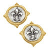 Fleur de Lis Intaglio stud earrings: silver fleur-de-lis accents on gold-tone settings.