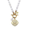 Susan Shaw gold coin pendant necklace with freshwater pearls & Holy Family medallion.