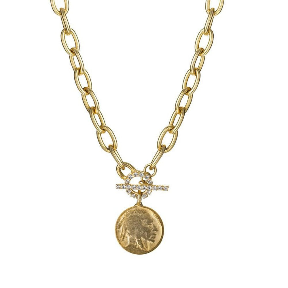 Gold Indian Head Necklace with Crystal Toggle clasp.