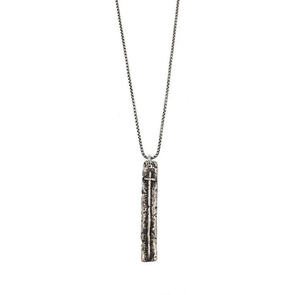 Silver cross pendant necklace with textured rectangular charm.