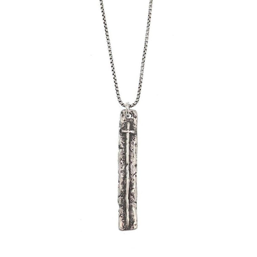 Silver He Lives necklace with textured rectangular pendant featuring a cross.
