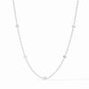 Celeste silver station necklace featuring delicate chain links and round bezel-set cubic zirconia crystals.