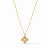 Corinth delicate 24K gold-plated necklace featuring an ornate floral pendant with a central pearl accent.
