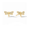 Gold dragonfly stud earrings featuring delicate pave CZ crystals on a 24K gold plated finish, 0.4 inches long.