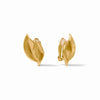 Willow clip-on earrings in 24K gold plate, featuring a sculpted, two-petal leaf design, 0.9 inches long.