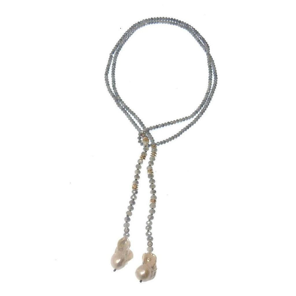 Klara Pearl Lariat necklace: Grey crystal beaded lariat with gold accents and baroque pearls.