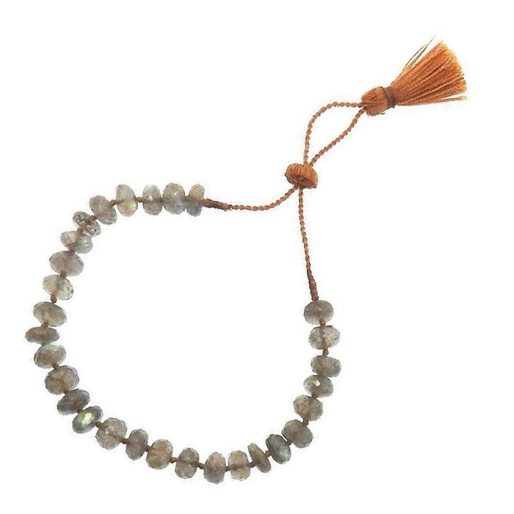 Labradorite gemstone bracelet with adjustable brown cord and tassel