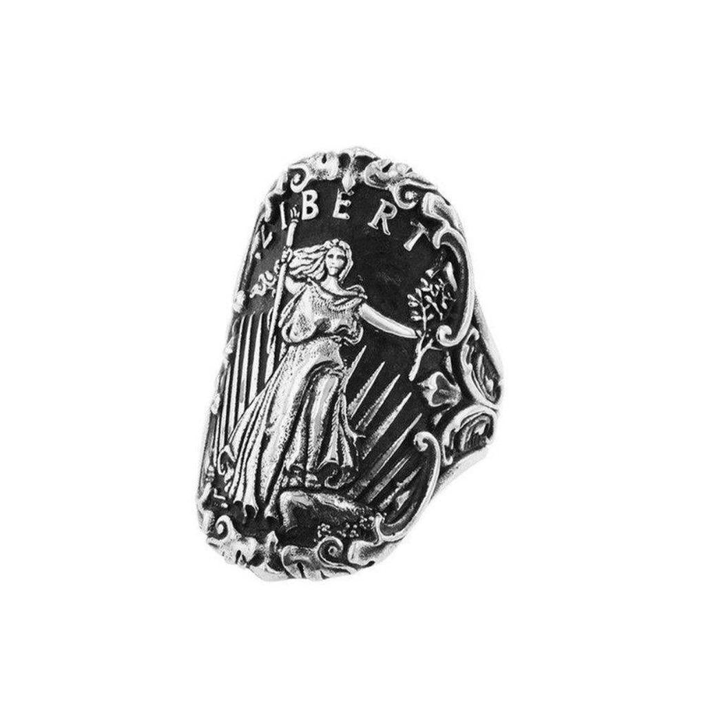 Lady Liberty Shield ring, size 8, silver, featuring intricate detailing and the iconic Liberty figure.