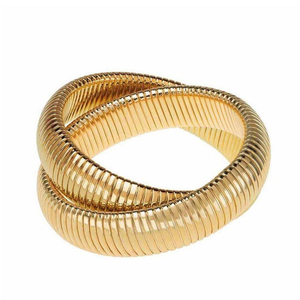 Gold double cobra bracelet, large size, ribbed texture