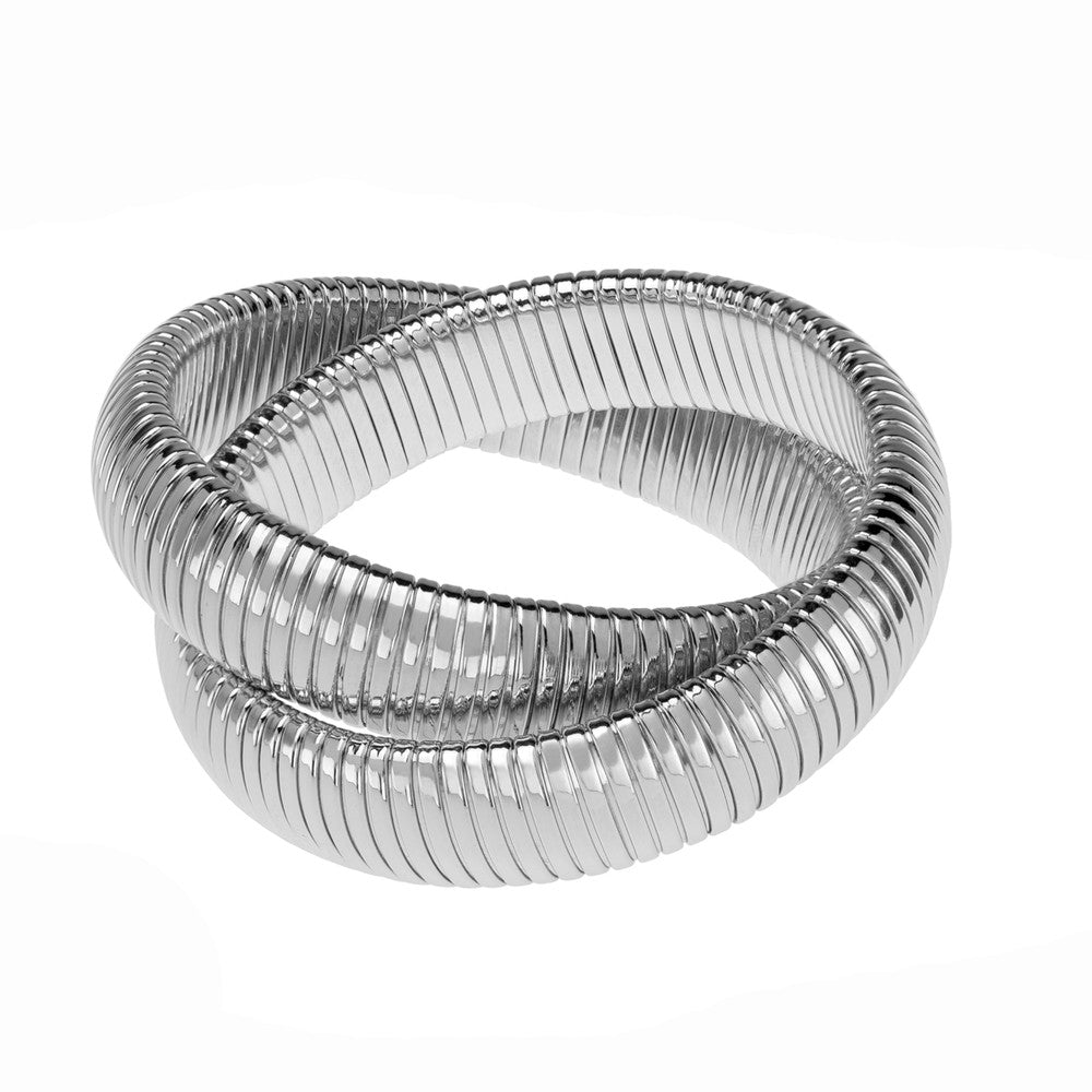 Double Cobra Rhodium Bracelet: Large, polished silver, interlocking design.