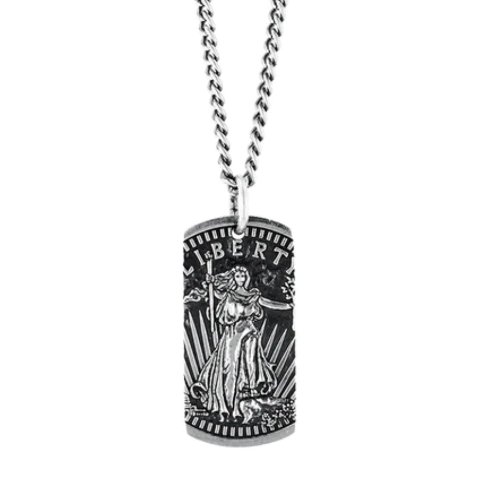 Liberty Dog Tag Pendant: Sterling silver necklace featuring a detailed Liberty coin design.