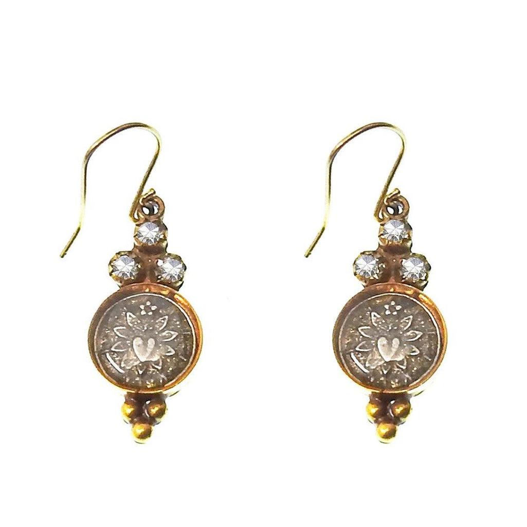 Lucia Amore Hook Earrings: Antique bronze, clear crystal accents, floral coin design.
