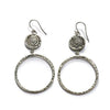 Silver Menina Hook Earrings with textured circular hoops and detailed coin accents.