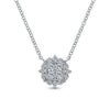 Milgrain diamond pendant necklace with a square-cut cluster of diamonds in a floral setting.