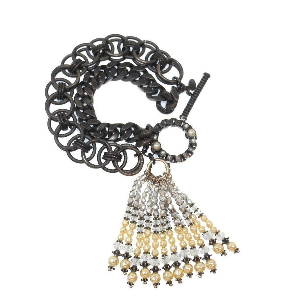 Mixed Chain Pearl Bracelet with bronze-tone metal chain, beaded tassel, and pearl accents.