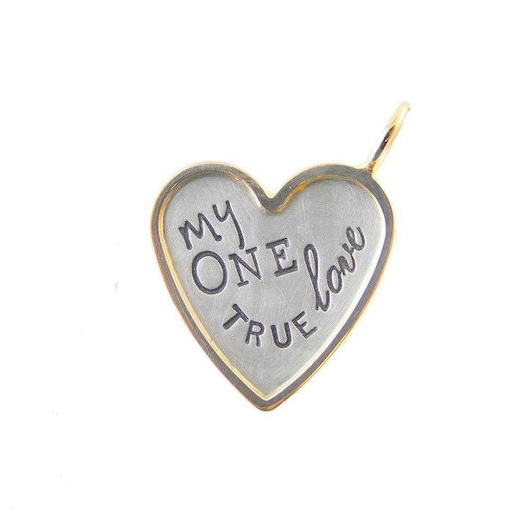 Silver heart pendant with gold border, engraved "My One True Love"—perfect romantic gift.