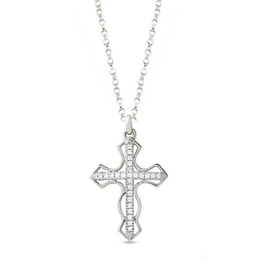 Open Cut Diamond Cross necklace: Silver cross pendant with sparkling cubic zirconia accents.