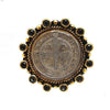 Original San Benito Grande ring: gold-tone setting, black stones, antique silver medallion.