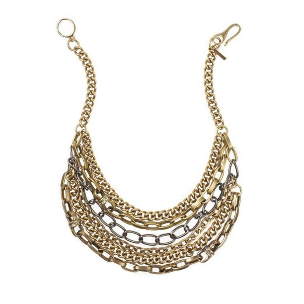 Paige Novick GM gold multi-layered chain necklace: Statement necklace featuring gold and gunmetal chains, perfect for adding edgy elegance to any outfit.