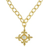 24k gold-plated Fleur de Lis cross pendant with a central coin pearl on a matching gold chain necklace.